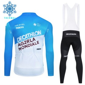 Set Fietsshirt Lange Mouw + Lange Koersbroek 2024 Decathlon Ag2r Winter Thermal Fleece Blauw Wit
